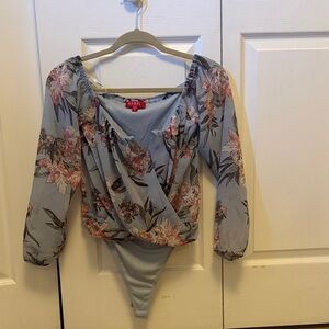 Guess Floral Wrap Bodysuit in Blue and Pink